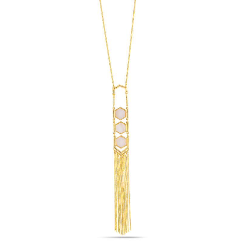 Gold-Tone Metal Mother Of Pearl Adjustable Lobster Claw Closure Tassel Necklace 