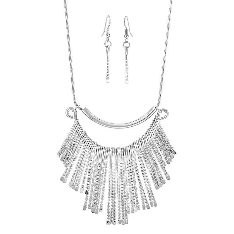 Silver-Tone Metal Earrings And Adjustable Lobster Claw Closure Tassel Necklaces