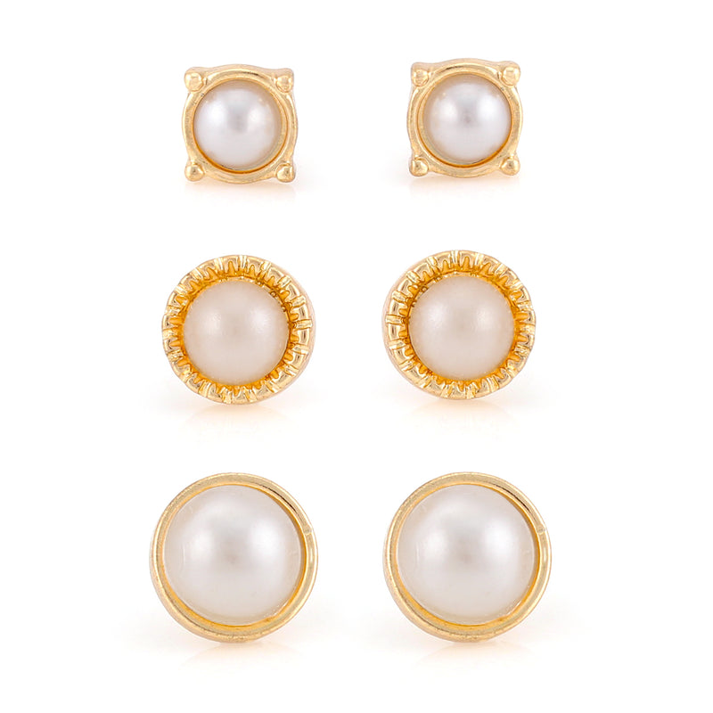Gold-Tone Metal And Cream Pearl Set Of Three Graduating Sizes10 Mm, 8 Mm And  7Mm Stud Earrings