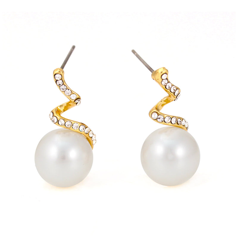 Gold-Tone Metal Cream Pearl Crystal Twisted Stud Earrings