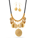 Gold-Tone Metal Hammered Earrings And Black Chains Adjustable Lobster Claw Clousure Necklaces Set