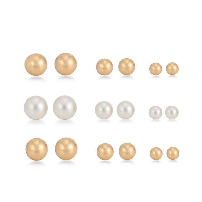 Gold-Tone Metal And Cream Pearl Set Of Nine Graduating Sizes 8 Mm, 6 Mm, 5 Mm Stud Earrings