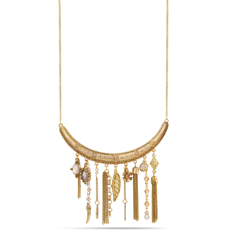 Gold-Tone Metal Charms Adjustable Lobster Claw Closure Tassel Necklace 