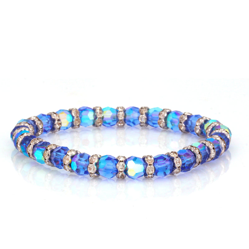 Rhodium-Tone Metal Blue Crystal Beads Stretch Bracelts