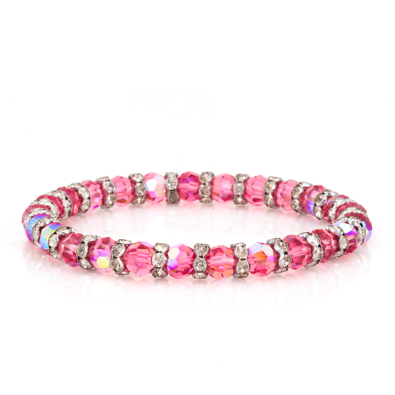 Rhodium-Tone Metal Pink Crystal Beads Stretch Bracelts