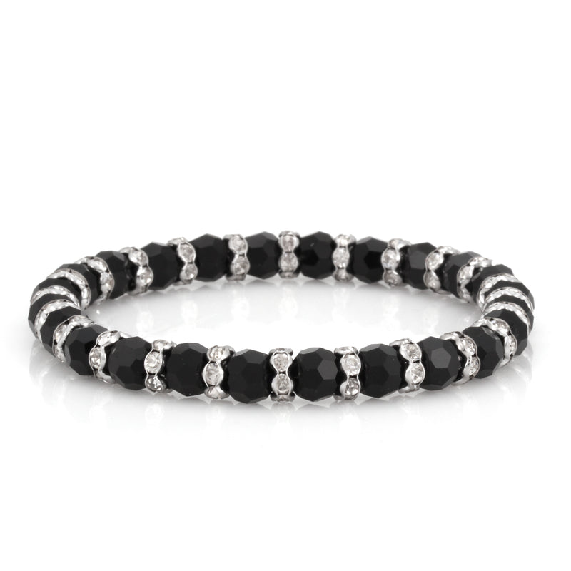 Rhodium-Tone Metal Black Crystal Beads Stretch Bracelts