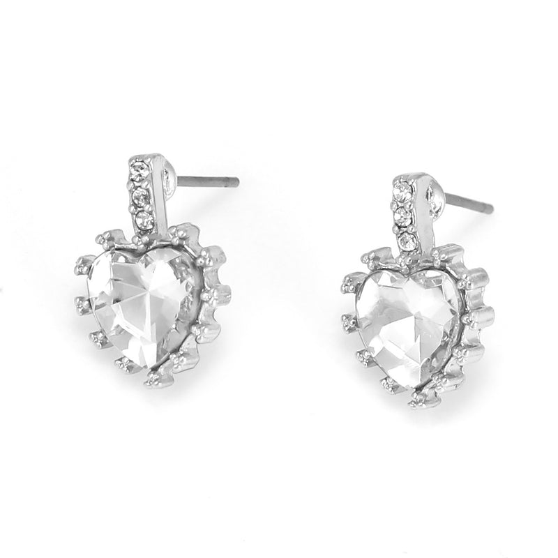 Rhodium-Tone Metal Crystal Heart Stud Earrings