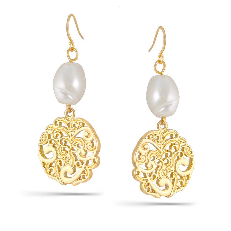 Gold-Tone Metal Filigree Pearl Drop Earrings