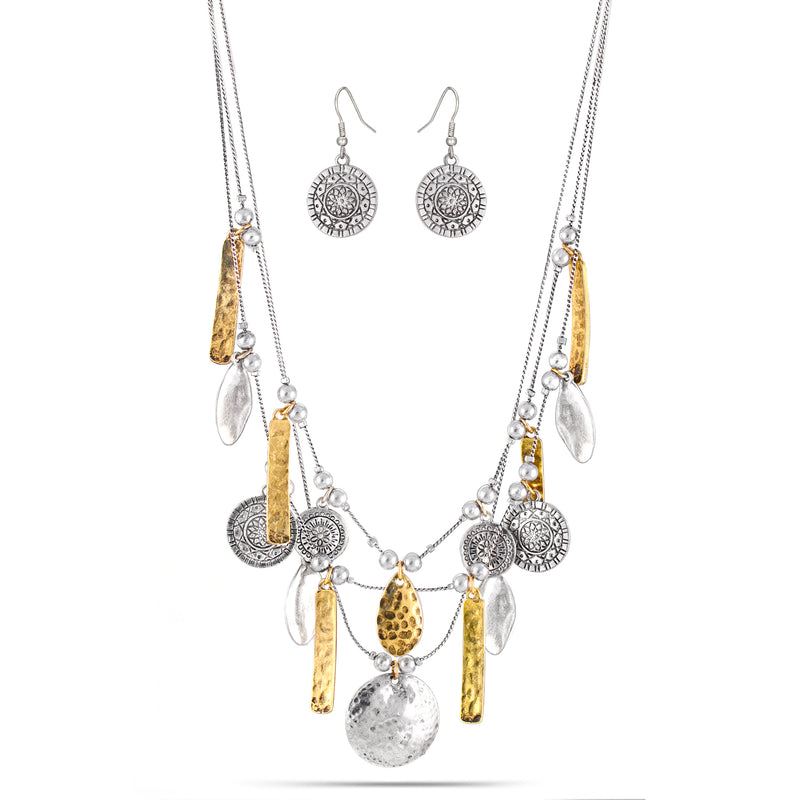 Gold And Silver-Tone Metal Charms Adjustable Lobster Claw Clousure Layered Neckalces And Earrings Set