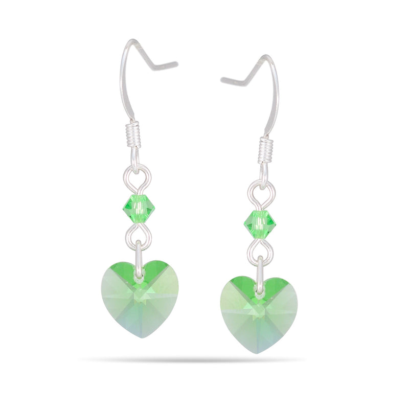 Silver-Tone Metal Green Crystal Heart Drop Earrings