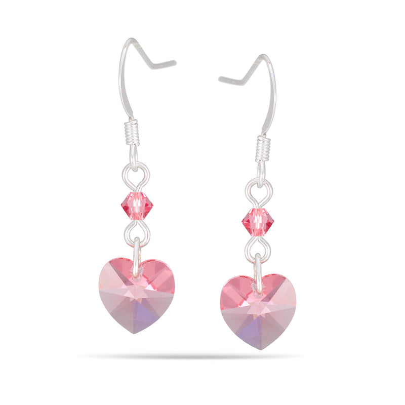 Silver-Tone Metal Pink Crystal Heart Drop Earrings