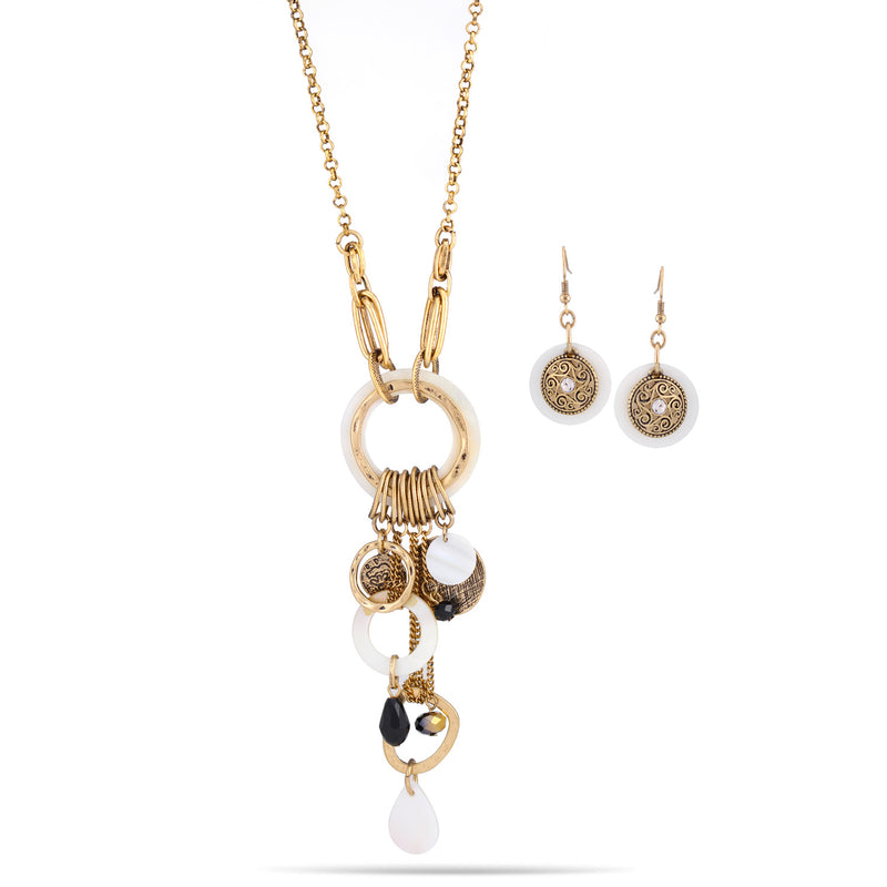 Gold-Tone Metal White Shell Earrings And Adjustable Lobster Claw Closure Layered Necklaces Set