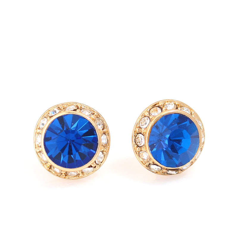 Blue Round Crystal And Clear Rhinestone Gold Post Earrings