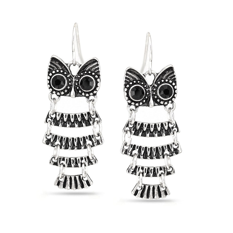Silver-Tone Metal Black Crystal Owl Drop Earrings