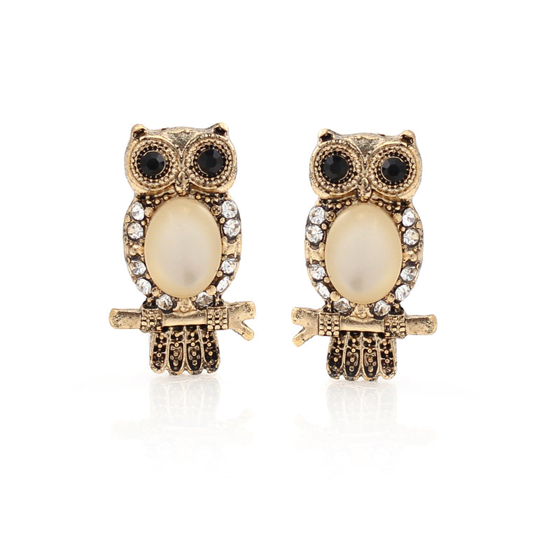 Gold-Tone Metal Owl Crystal Stud Earrings