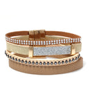 Cream Leather Rhinestones Crystal Gold Magnetic Clasp Bracelet
