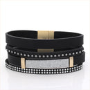 Black Leather Rhinestones Crystal Gold Magnetic Clasp Bracelet
