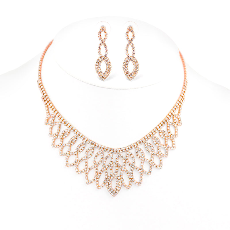 Rose Gold-Tone Metal Crystal Earrings And Adjustable Lobster Clasp Choker Necklaces