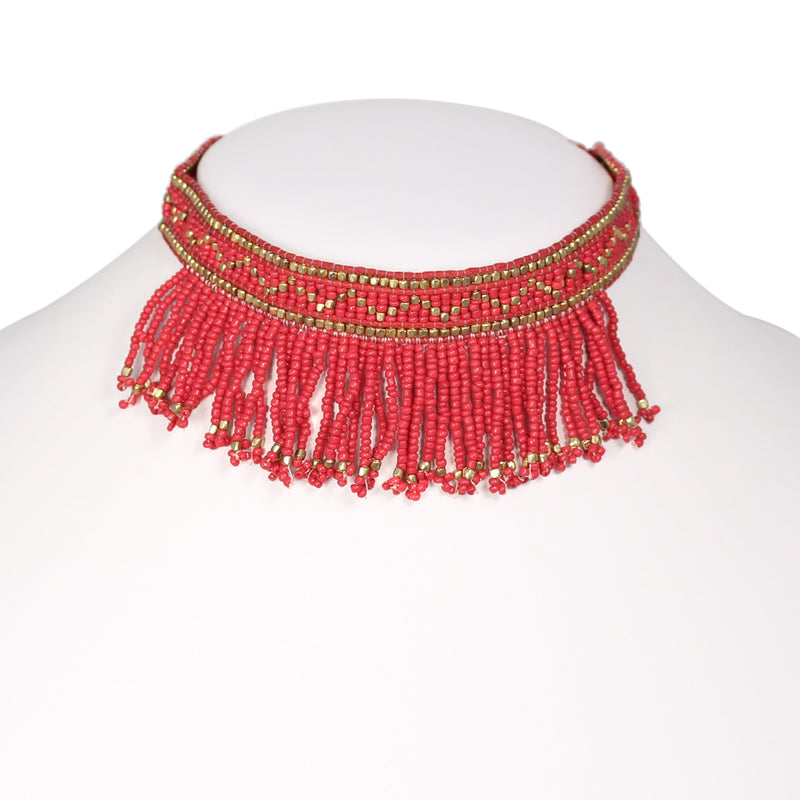 Gold-Tone Metal And Red Seed Bead Choker Necklaces