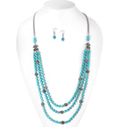 Rhodium-Tone Metal Turquoise Beads Earring And Adjustable Lobster Claw Closure Layered Necklaces Set