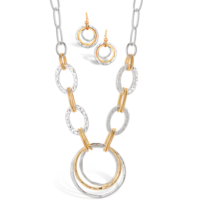Two-Tone Gold And Silver Hammered Linked Metal Earring And Necklace Set