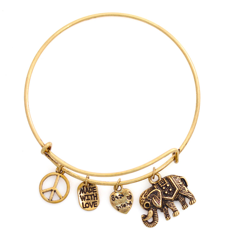 Gold Oxidised-Tone Metal Elephant And Love Charms Bracelet