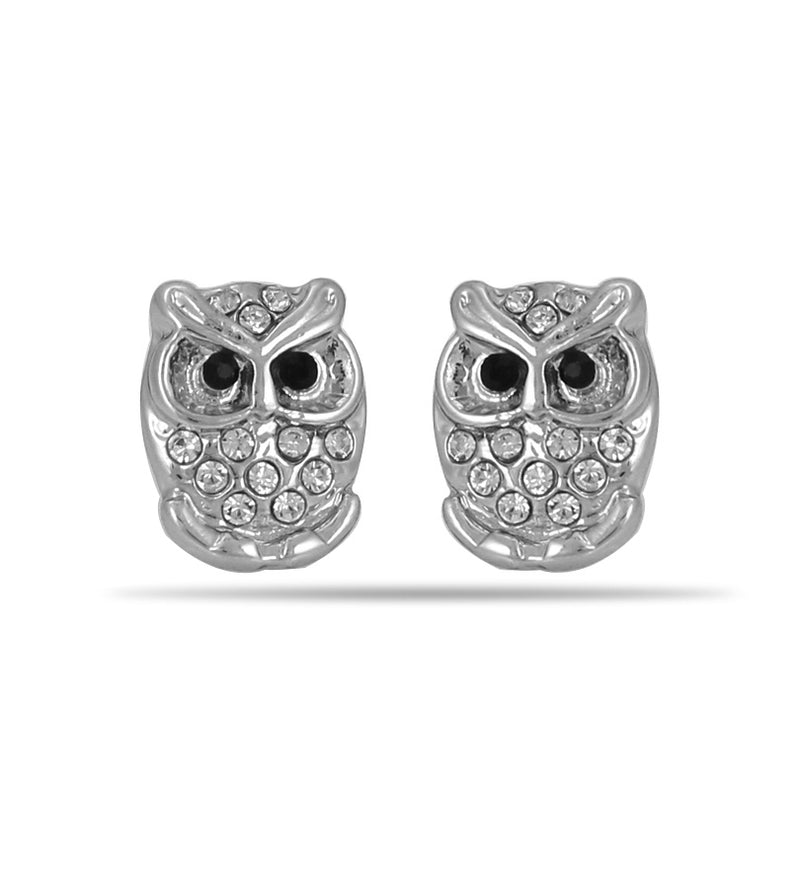 Rhodium-Tone Metal Owl Crystal Stud Earrings
