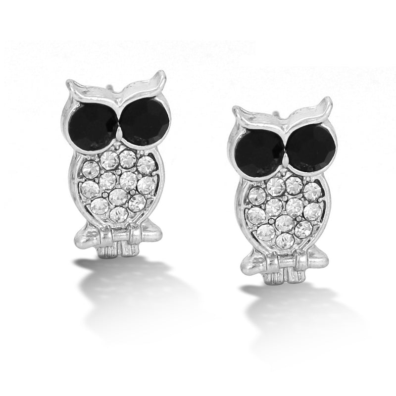 Rhodium-Tone Metal Black And White Crystal Owl Stud Earrings