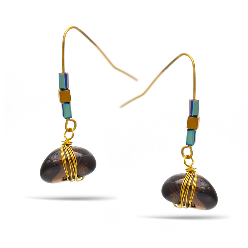 Gold Rainbow natural Beads Brown Stone Drop Earrings