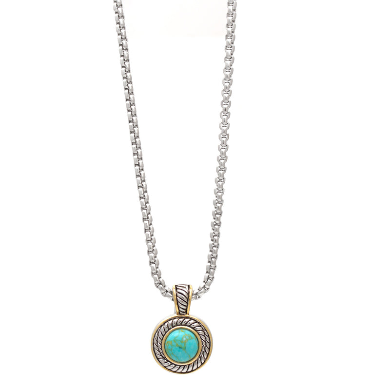 High quality Two Tone Round Turquoise Pendant Silver Rope Chain Adjustable Length Necklace
