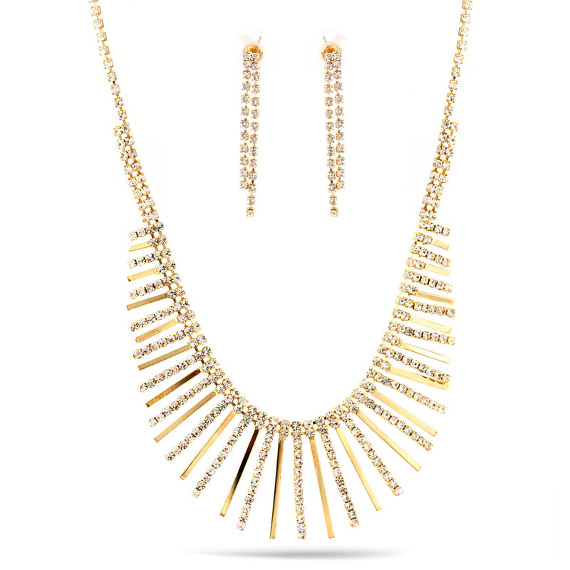 Gold Rhinestone Crystal Adjustable Length Necklace And Crystal Earrings Set