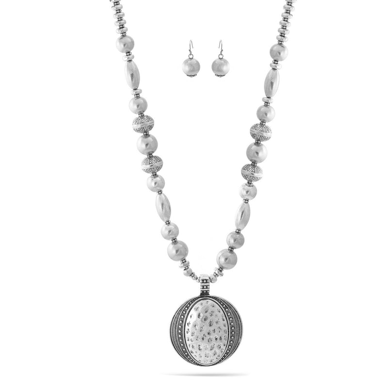 Oxidized Silver Round Pendant And Silver Beads Adjustable Length Necklace And Earrings Set