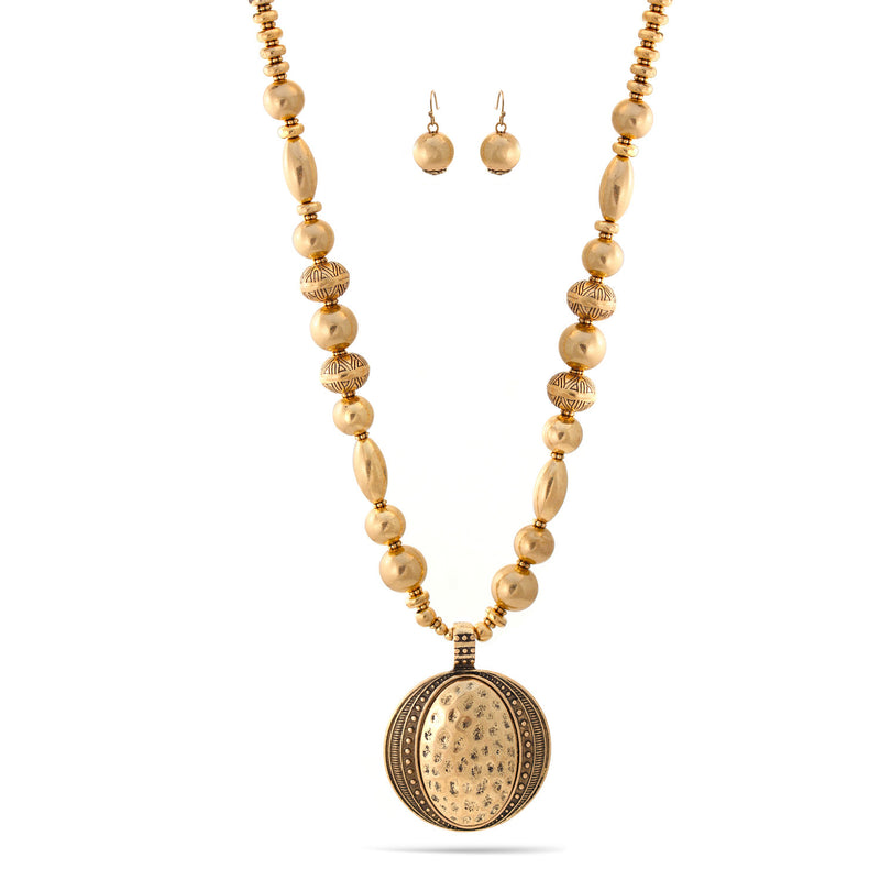 Oxidized Gold Round Pendant And Gold Beads Adjustable Length Necklace And Earrings Set