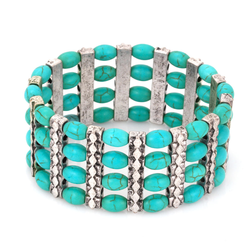 Silver-Tone Metal Turquoise Beads Stretch Bracelets