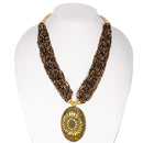 GOLD BROWN PENDANT RESIN BRASS & SEED BEAD LAYERED NECKLACE