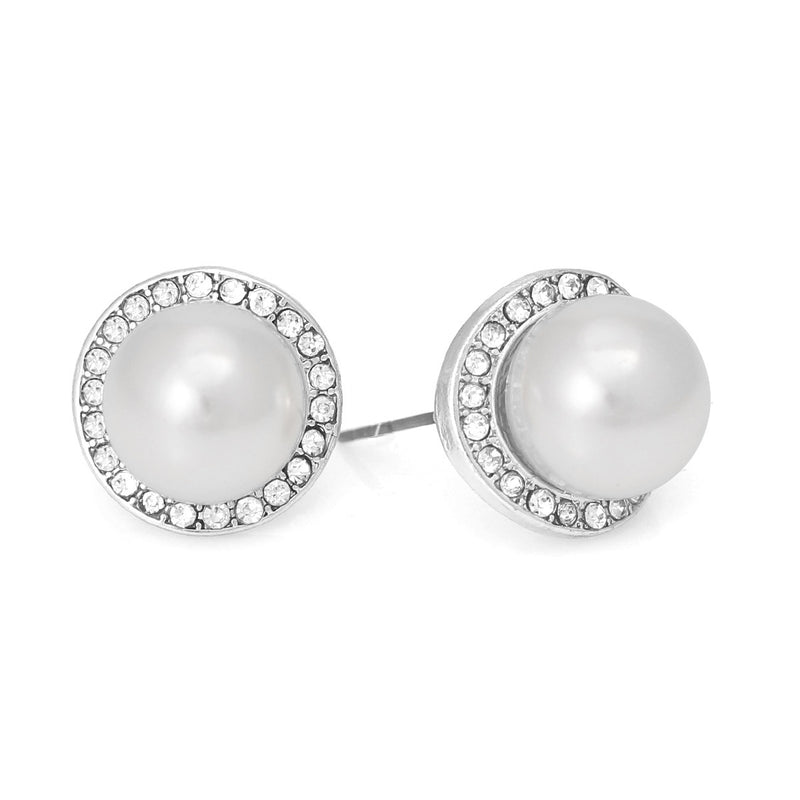 Silver-Tone Metal Cream Pearl Crystal Stud Earrings