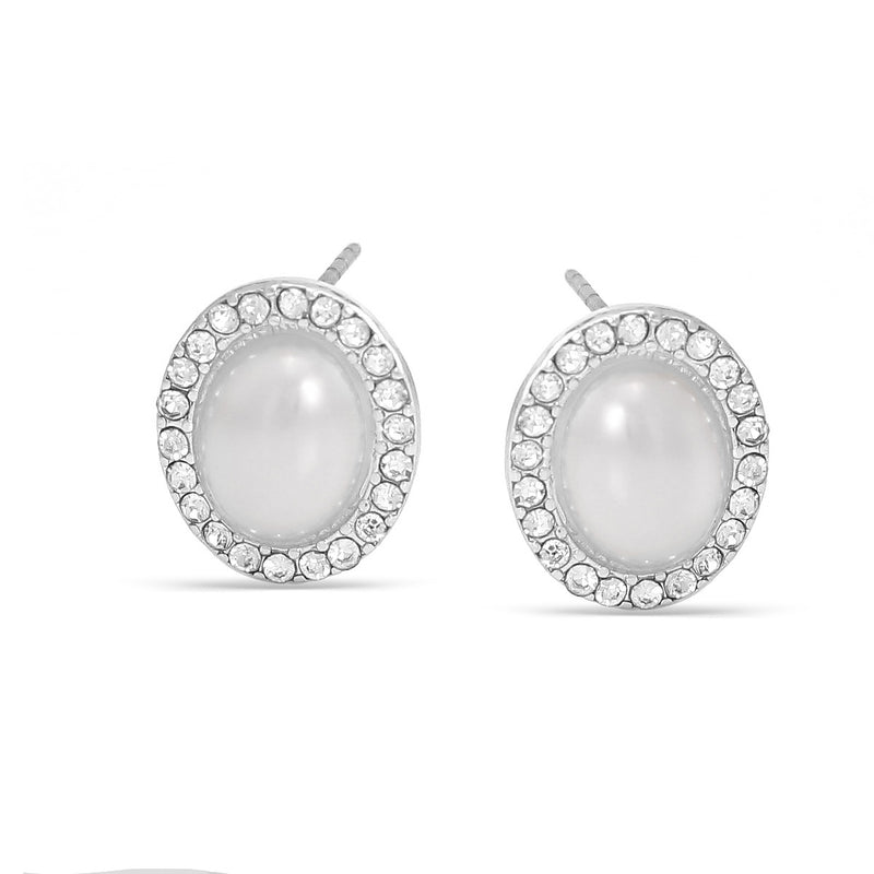 Silver-Tone Metal Oval Pearl Crystal Stud Earrings