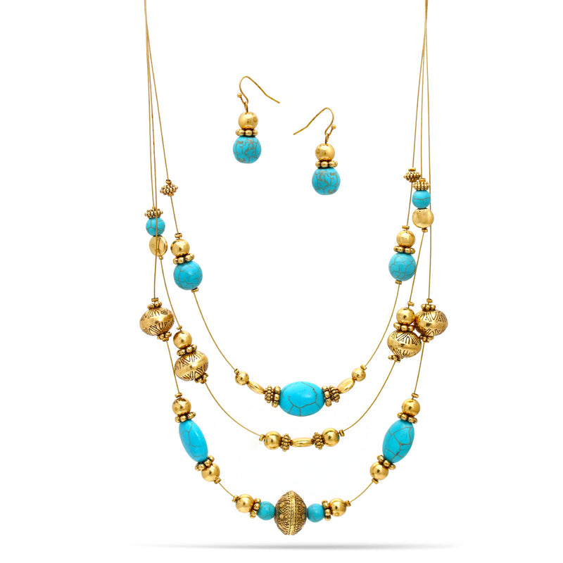 Gold Oxidize And Turquouse Beads Earrings And Adjustable Length Necklaces Set