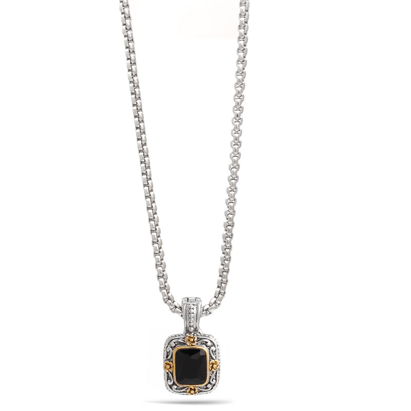 Two Tone Filigree Black Crystal Pendant Adjustable Length Rope Chain Necklace