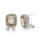 Two Tone Square Filigree Clear Crystal Post Earrings