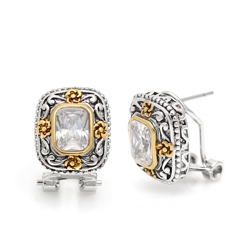 Two Tone Square Filigree Clear Crystal Post Earrings
