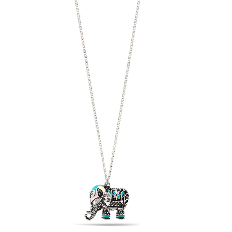 Silver-Tone Metal Turquoise And Pink Enamel Elephant Pendant Adjustable Lobster Claw Closure Necklaces