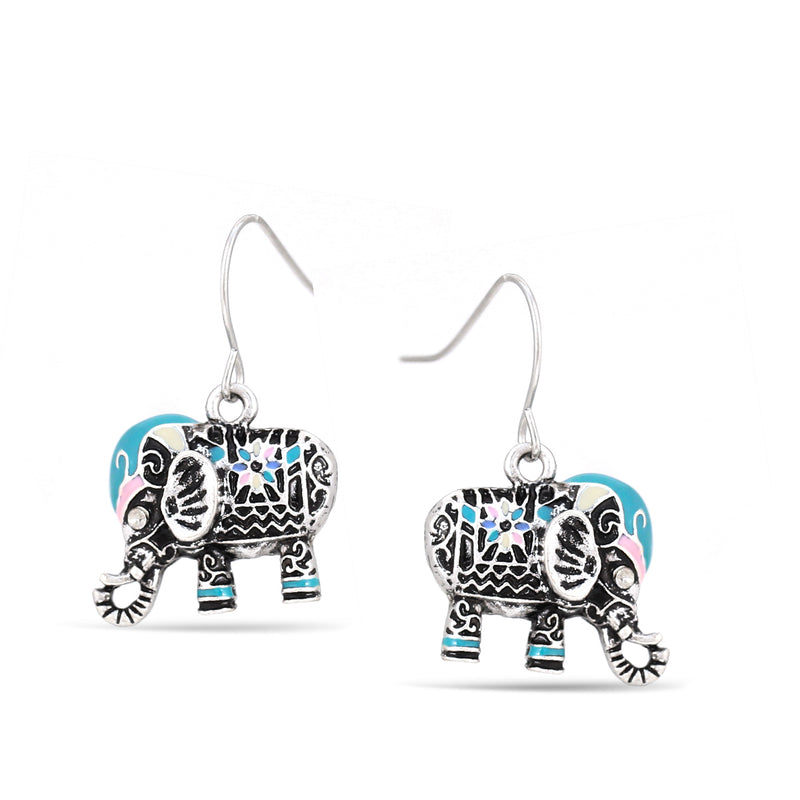 Silver-Tone Metal Turquoise And Pink Enamel Elephant Drop Earrings