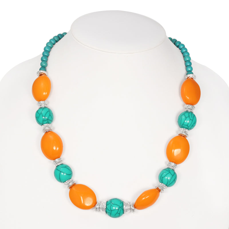 Turquoise Orange And Silver Beads Adjustable Length Necklace