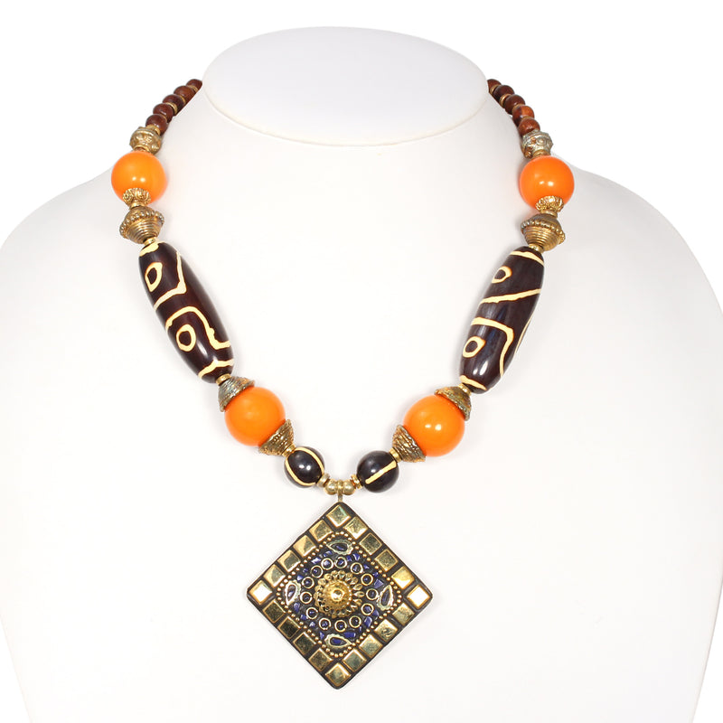 Gold Brown And Orange Beads Gold Pendant Adjustable Length Necklaces