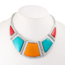 Turquoise Coral And Orange Stone Adjustable Length Silver Bib Neckalce