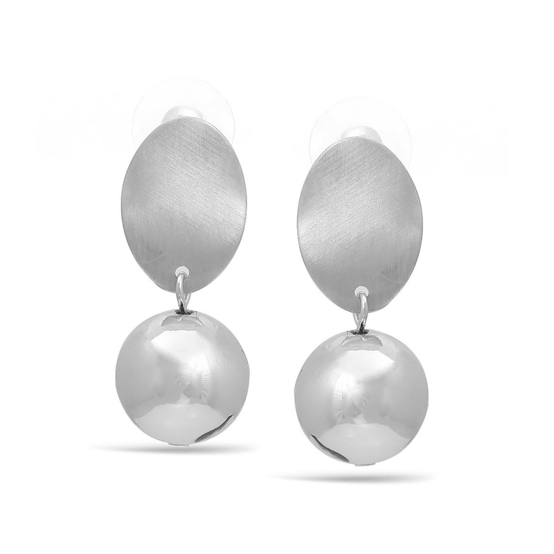 Rhodium Tone Brushed And Shiny Ball Post Earrings