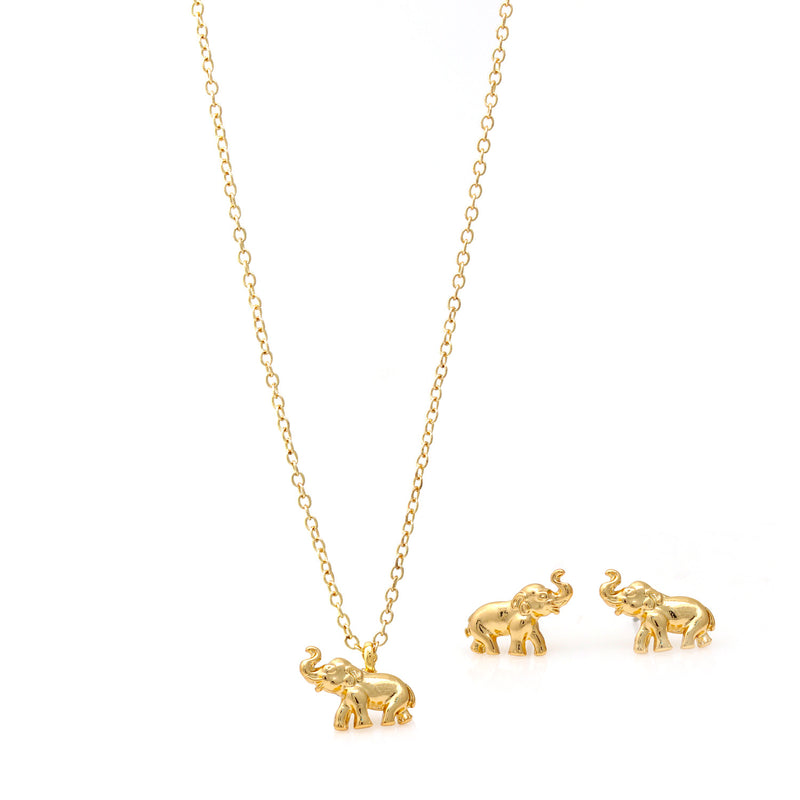 Gold 0.5"Inches Elphant Pendant Adjustable Chain Necklace And Earrings Set