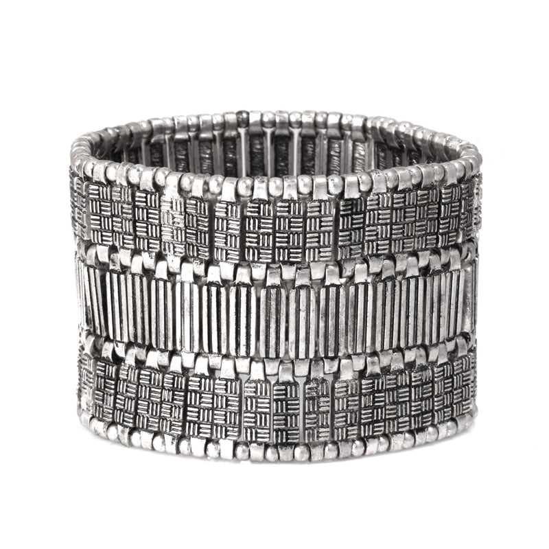 Silver Bamboo Woven Pattern Stretch Bracelet
