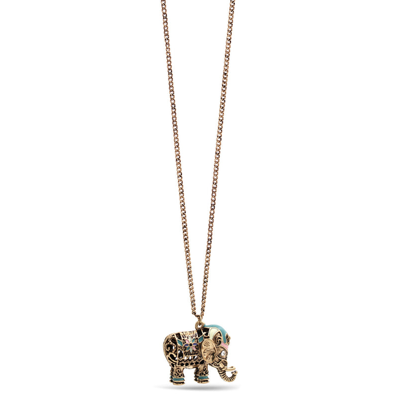 Oxidized Gold Turquoise And Pink Enamel Crystal Elephant Pendant Chain Necklaces